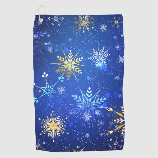 Kerstmis Blauwe Achtergrond met Gouden Sneeuwvlokk Golfhanddoek (Voorkant)