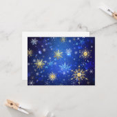 Kerstmis Blauwe Achtergrond met Gouden Sneeuwvlokk Kaart (Voorkant / Achterkant in situ)