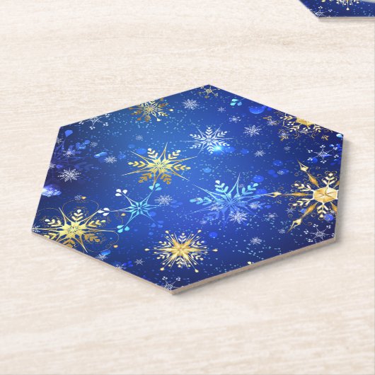 Kerstmis Blauwe Achtergrond met Gouden Sneeuwvlokk Kartonnen Onderzetters (Schuin)