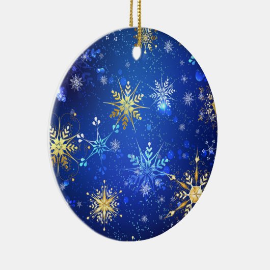 Kerstmis Blauwe Achtergrond met Gouden Sneeuwvlokk Keramisch Ornament (Rechts)