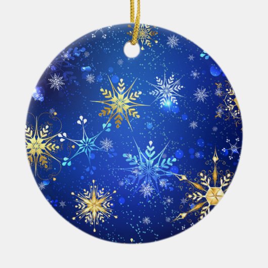 Kerstmis Blauwe Achtergrond met Gouden Sneeuwvlokk Keramisch Ornament (Voorkant)