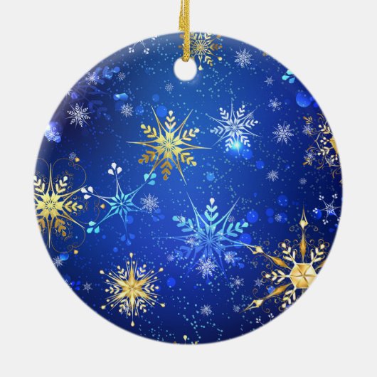 Kerstmis Blauwe Achtergrond met Gouden Sneeuwvlokk Keramisch Ornament (Achterkant)