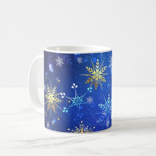 Kerstmis Blauwe Achtergrond met Gouden Sneeuwvlokk Koffiemok (Voorkant links)