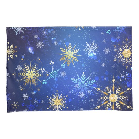 Kerstmis Blauwe Achtergrond met Gouden Sneeuwvlokk Kussensloop (Voorkant-Rechts)