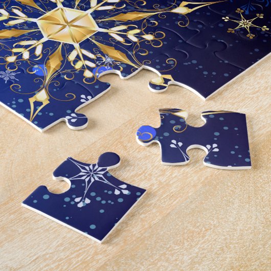 Kerstmis Blauwe Achtergrond met Gouden Sneeuwvlokk Legpuzzel (Zijkant)