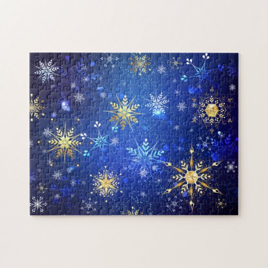 Kerstmis Blauwe Achtergrond met Gouden Sneeuwvlokk Legpuzzel (Horizontaal)