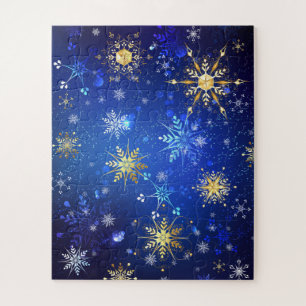 Kerstmis Blauwe Achtergrond met Gouden Sneeuwvlokk Legpuzzel