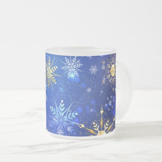 Kerstmis Blauwe Achtergrond met Gouden Sneeuwvlokk Matglas Koffiemok (Voorkant rechts)