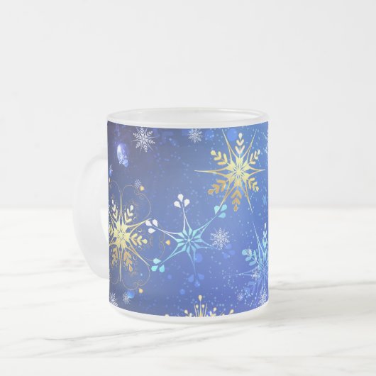 Kerstmis Blauwe Achtergrond met Gouden Sneeuwvlokk Matglas Koffiemok (Voorkant links)