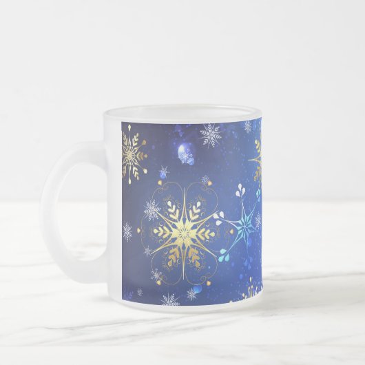Kerstmis Blauwe Achtergrond met Gouden Sneeuwvlokk Matglas Koffiemok (Links)