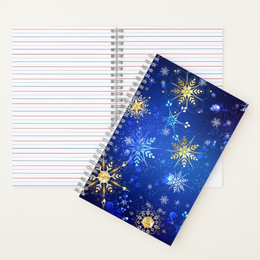 Kerstmis Blauwe Achtergrond met Gouden Sneeuwvlokk Notitieboek (Binnen)