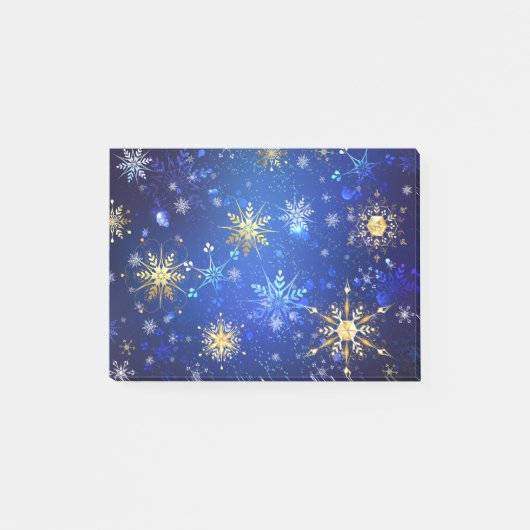 Kerstmis Blauwe Achtergrond met Gouden Sneeuwvlokk Post-it® Notes (Voorkant)