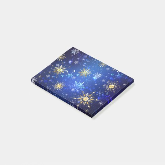 Kerstmis Blauwe Achtergrond met Gouden Sneeuwvlokk Post-it® Notes (Schuin)