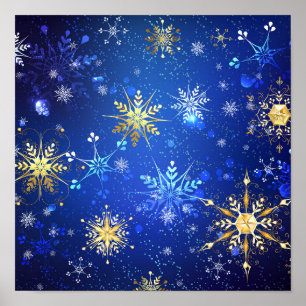 Kerstmis Blauwe Achtergrond met Gouden Sneeuwvlokk Poster