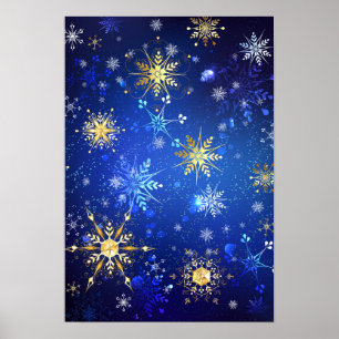 Kerstmis Blauwe Achtergrond met Gouden Sneeuwvlokk Poster