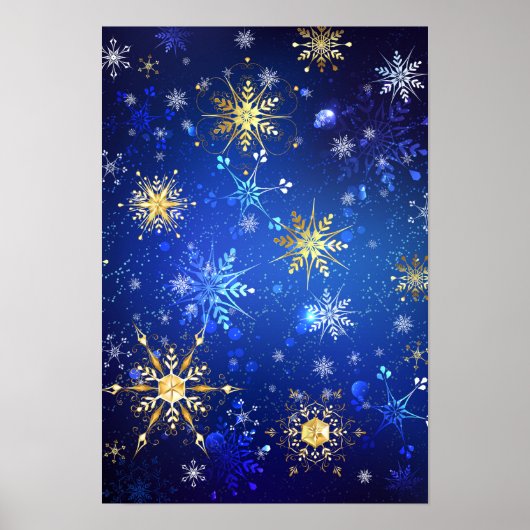 Kerstmis Blauwe Achtergrond met Gouden Sneeuwvlokk Poster (Voorkant)