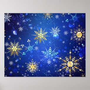 Kerstmis Blauwe Achtergrond met Gouden Sneeuwvlokk Poster