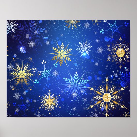 Kerstmis Blauwe Achtergrond met Gouden Sneeuwvlokk Poster (Voorkant)