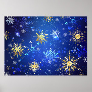 Kerstmis Blauwe Achtergrond met Gouden Sneeuwvlokk Poster