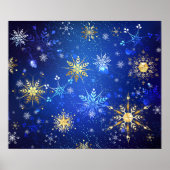 Kerstmis Blauwe Achtergrond met Gouden Sneeuwvlokk Poster (Voorkant)