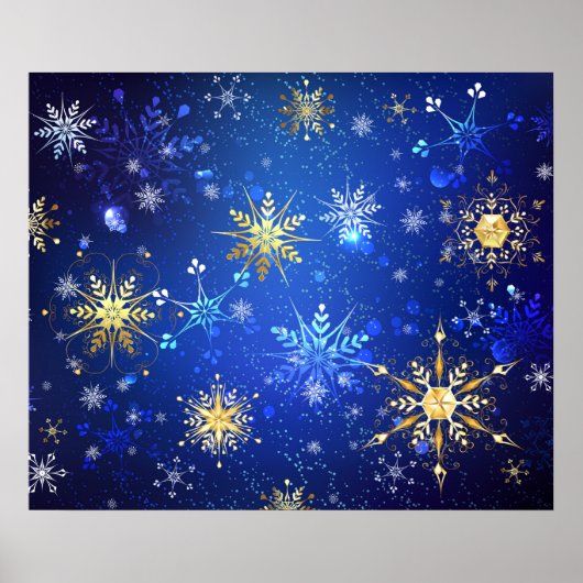 Kerstmis Blauwe Achtergrond met Gouden Sneeuwvlokk Poster (Voorkant)