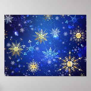 Kerstmis Blauwe Achtergrond met Gouden Sneeuwvlokk Poster