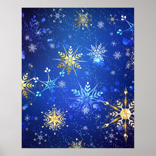 Kerstmis Blauwe Achtergrond met Gouden Sneeuwvlokk Poster (Voorkant)