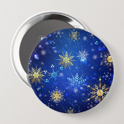 Kerstmis Blauwe Achtergrond met Gouden Sneeuwvlokk Ronde Button 4,0 Cm (Voorkant /achterkant)
