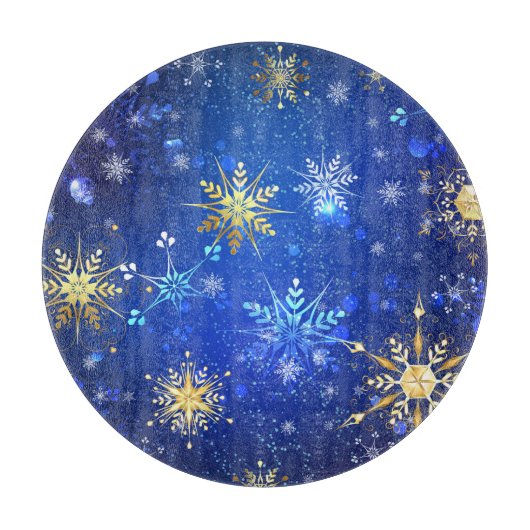 Kerstmis Blauwe Achtergrond met Gouden Sneeuwvlokk Snijplank (Voorkant)