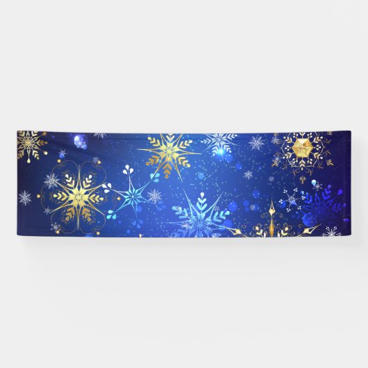 Kerstmis Blauwe Achtergrond met Gouden Sneeuwvlokk Spandoek (Horizontaal)