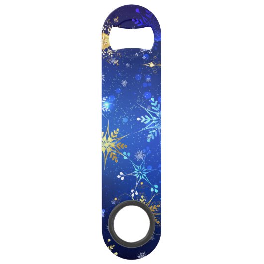 Kerstmis Blauwe Achtergrond met Gouden Sneeuwvlokk Speed Flessenopener (Voorkant)