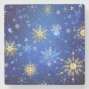 Kerstmis Blauwe Achtergrond met Gouden Sneeuwvlokk Stenen Onderzetter
