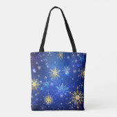 Kerstmis Blauwe Achtergrond met Gouden Sneeuwvlokk Tote Bag (Achterkant)