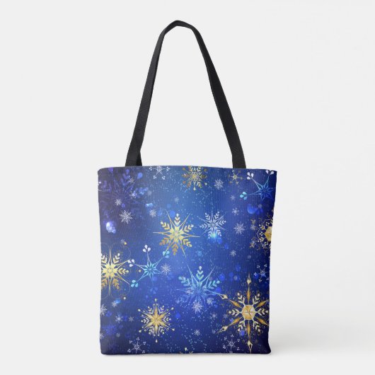 Kerstmis Blauwe Achtergrond met Gouden Sneeuwvlokk Tote Bag (Achterkant)
