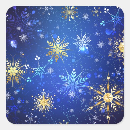 Kerstmis Blauwe Achtergrond met Gouden Sneeuwvlokk Vierkante Sticker (Voorkant)