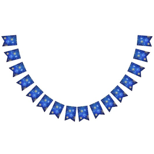 Kerstmis Blauwe Achtergrond met Gouden Sneeuwvlokk Vlaggetjes (Alle)