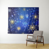 Kerstmis Blauwe Achtergrond met Gouden Sneeuwvlokk Wandkleed (In Situ (horizontaal))