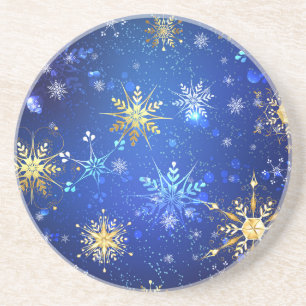 Kerstmis Blauwe Achtergrond met Gouden Sneeuwvlokk Zandsteen Onderzetter