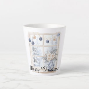 Kerstmis Blauwe Crème Ornamenten Bloemen Boom Raam Latte Mok