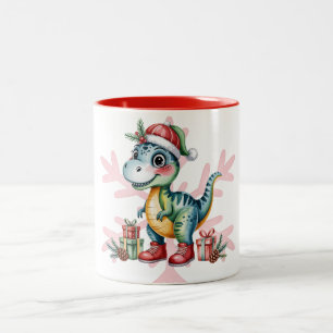Kerstmis Blauwe Dino en Cadeaus Jongens Baby Showe Tweekleurige Koffiemok