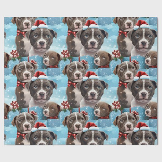 Kerstmis Blauwe en Witte Pitbull Pups Cadeaupapier (Vlak)