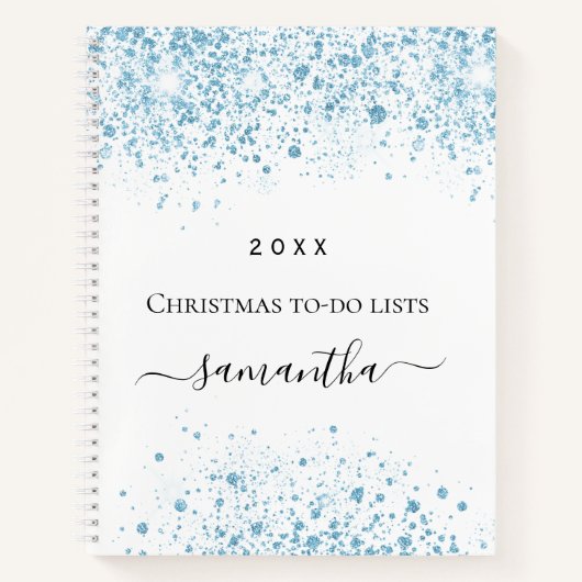 Kerstmis blauwe glitters witte winter takenlijsten notitieboek (Voorkant)