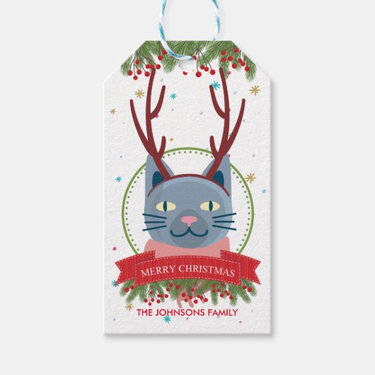 Kerstmis Blauwe Kat Grappig Cadeaulabel (Voorkant)