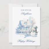 Kerstmis Blauwe Sneeuwman Huis Buren Feestdagenkaart (Voorkant)