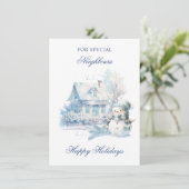 Kerstmis Blauwe Sneeuwman Huis Buren Feestdagenkaart (Staand voorkant)
