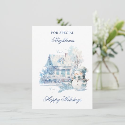 Kerstmis Blauwe Sneeuwman Huis Buren Feestdagenkaart (Staand voorkant)