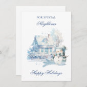 Kerstmis Blauwe Sneeuwman Huis Buren Feestdagenkaart (Voorkant / Achterkant)
