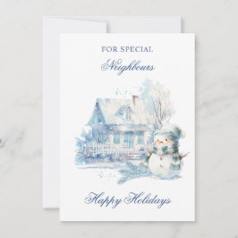 Kerstmis Blauwe Sneeuwman Huis Buren Feestdagenkaart