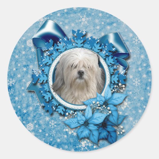 Kerstmis - Blauwe Sneeuwvlok - Lowchen Ronde Sticker (Voorkant)