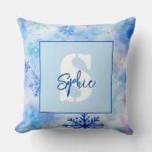 Kerstmis blauwe sneeuwvlokken aangepaste monogram kussen (Voorkant)